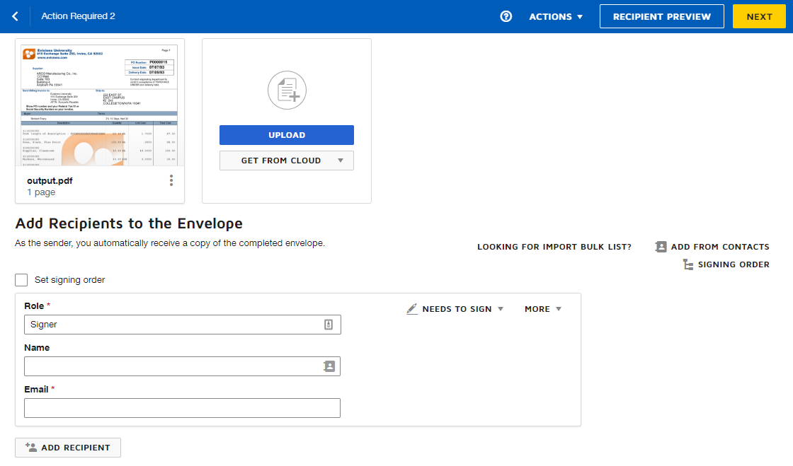 Edit Recipients screen in DocuSign showing the role, name, and email fields, action dropdown, and button to add additional recipients.